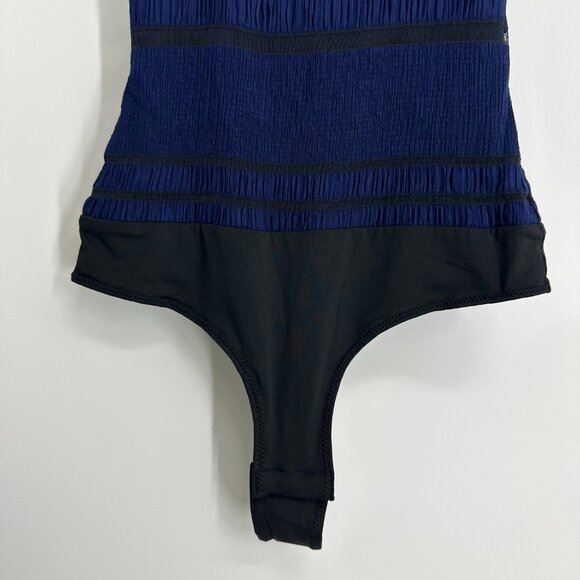 BCBGMaxazria Racerback Bodysuit Top XXS Textured Striped Sleeveless Blue Black - Picture 5 of 14